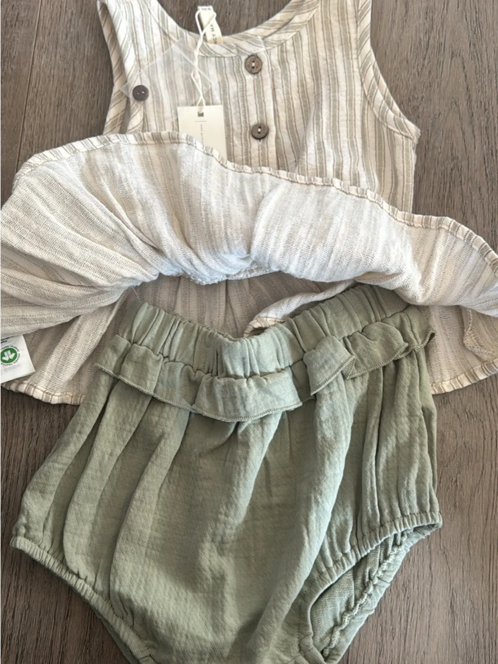 Quincy Mae Cream Striped Peplum Top & Sage Bloomer
